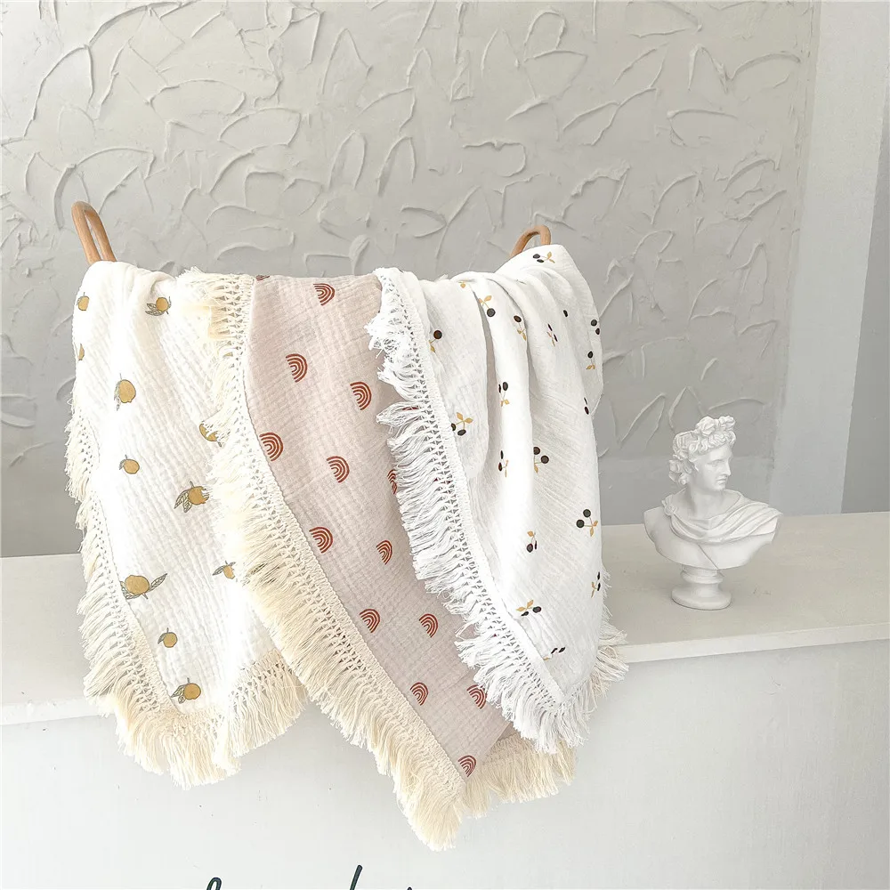 Boho Rainbow Star Moon Muslin Baby Blanket Wrap Gauze Quilt Leopard Floral Tassel Fringe Baby Muslin Cotton Swaddle Blanket