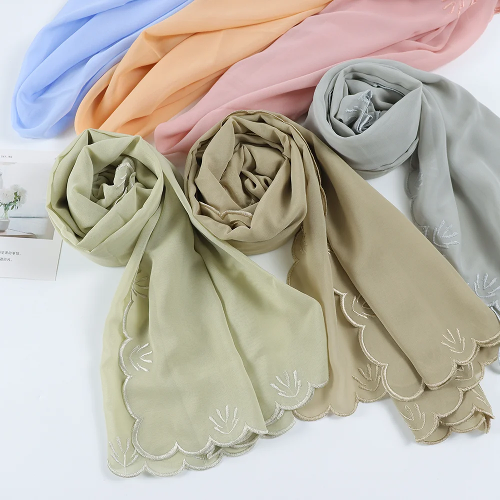 premium pearl chiffon embroidered hijab scarf Malaysia women sulam tudung muslim headscarf