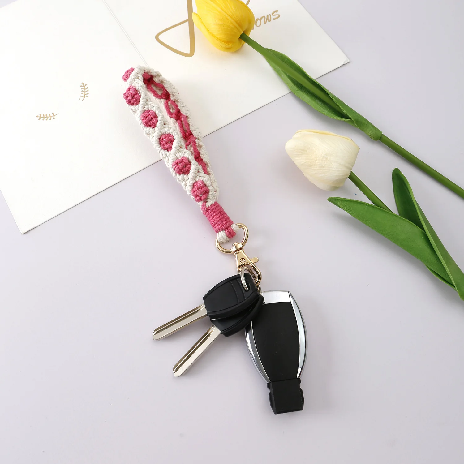 Handwoven Crochet Rose Bag Pendant Boho Wristband Lanyard Keychain Mother Girl Gift Handwoven keychain