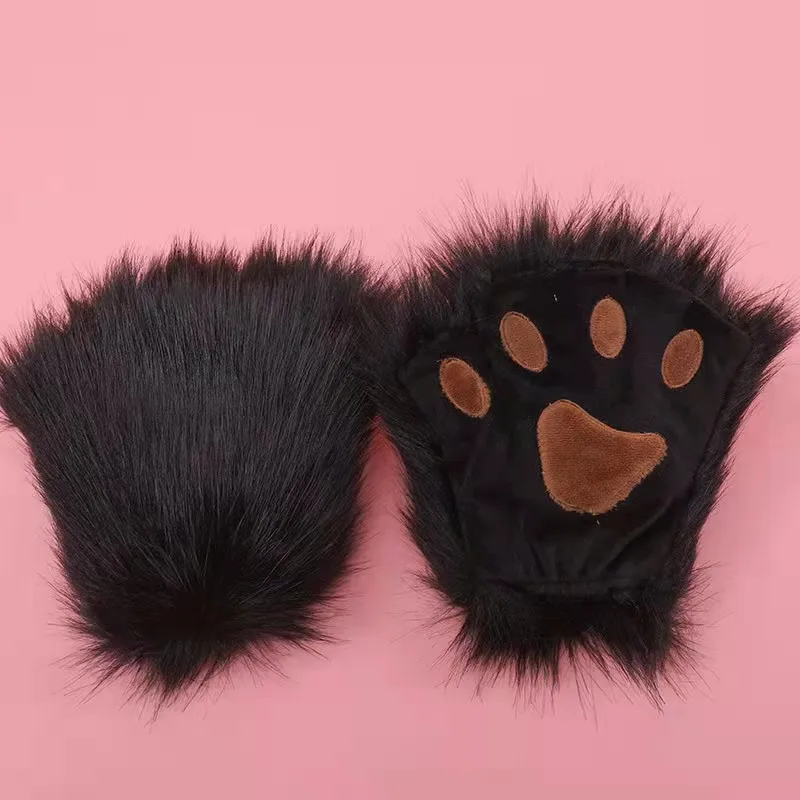 Cosplay Fingerless Furry Partial Paws Fluffy Claw Plush Half Finger Lion Bear Props for Kids Adults