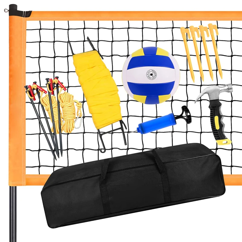 Volleyball Set with Adjustable Height Steel Poles, Soft Volleyball Ball, Pump, Hammer, Boundary Line, Carry Bag