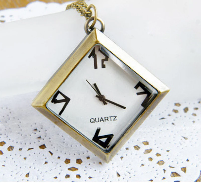 Old Rhombus Square Bronze Retro Design Brass Pocket Watch Pendent Open Face Dial Necklace Gift For Men Women Pocket Watch