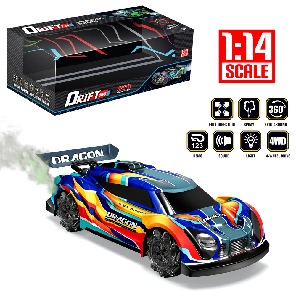 Крутой свет Дрифт 4wd масштаб 1/14 игрушечный автомобиль с дистанционным управлением вращение RC автомобили функцией распыления дыма