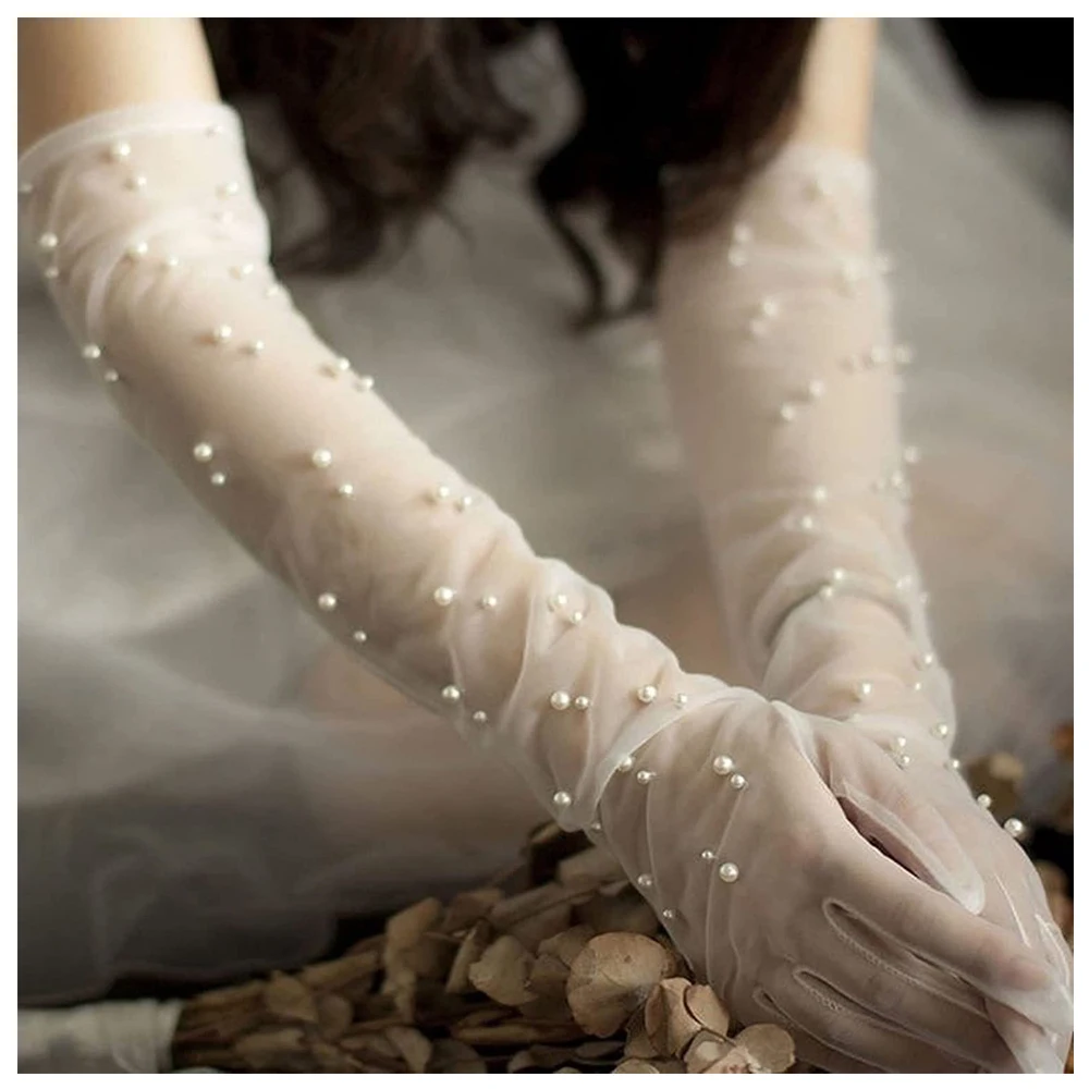 Opera Evening Party Sheer Brides Gloves Pearl Women Wedding Long Tulle Bridal Gloves White Finger Lace Gloves