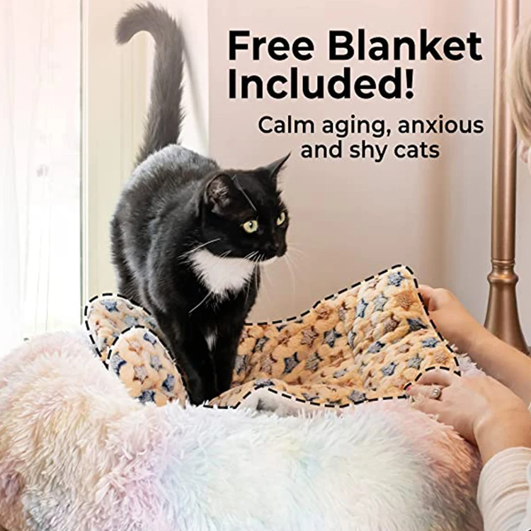Marshmallow Cat Small Dog Bed Extra Fluffy Round Cat Bed with Non-Slip Bottom + Throw Blanket Calms Pets with Softness & Warmth