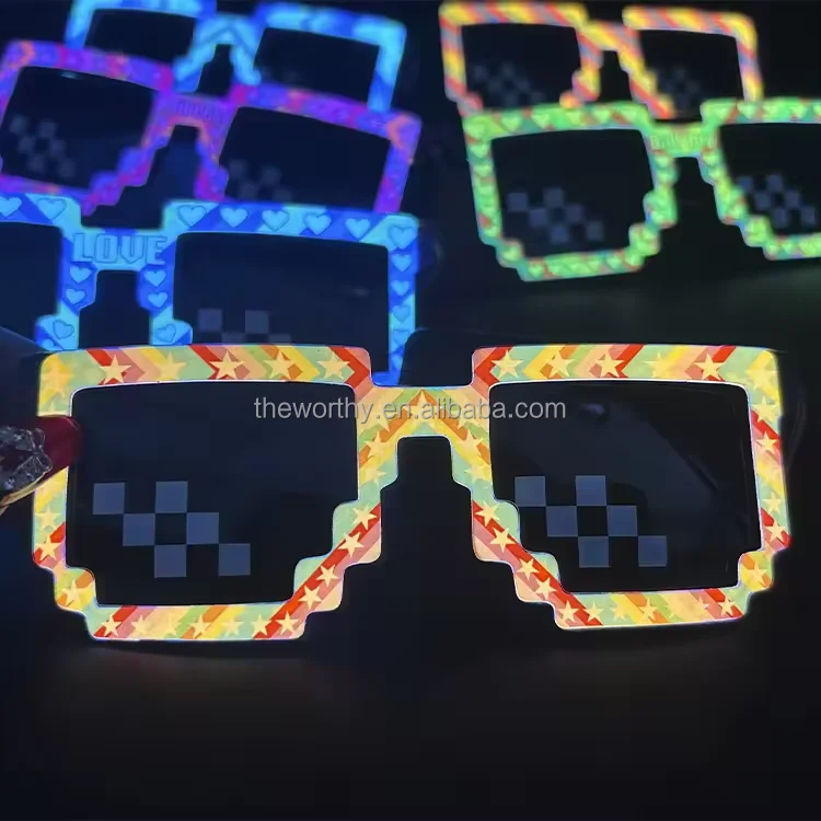 T-Worthy NEW Luminous LED Glasses Funny Pixelated Mosaic Gamer Light Up EL Wireless Glasses Party Disco Cool EL Glasses