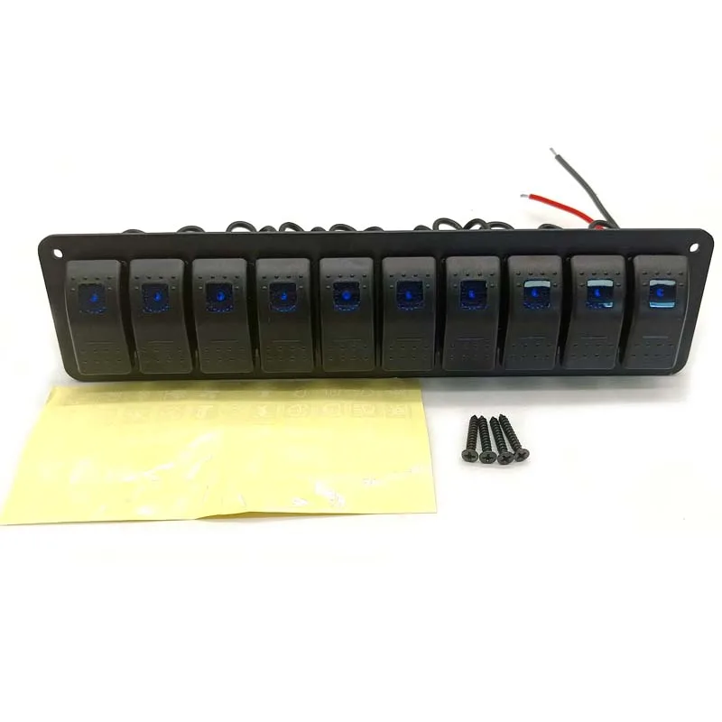 10 Gang Pre-Wired Marine Boat Rocker Switch Panel Blue Red Green LED Universal Boat Truck RV 12V Toggle Switch Panel