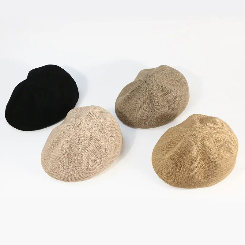 Women Elegant Berets Spring Summer New Solid Color Knitted Travel Hats Linen Slik Beret