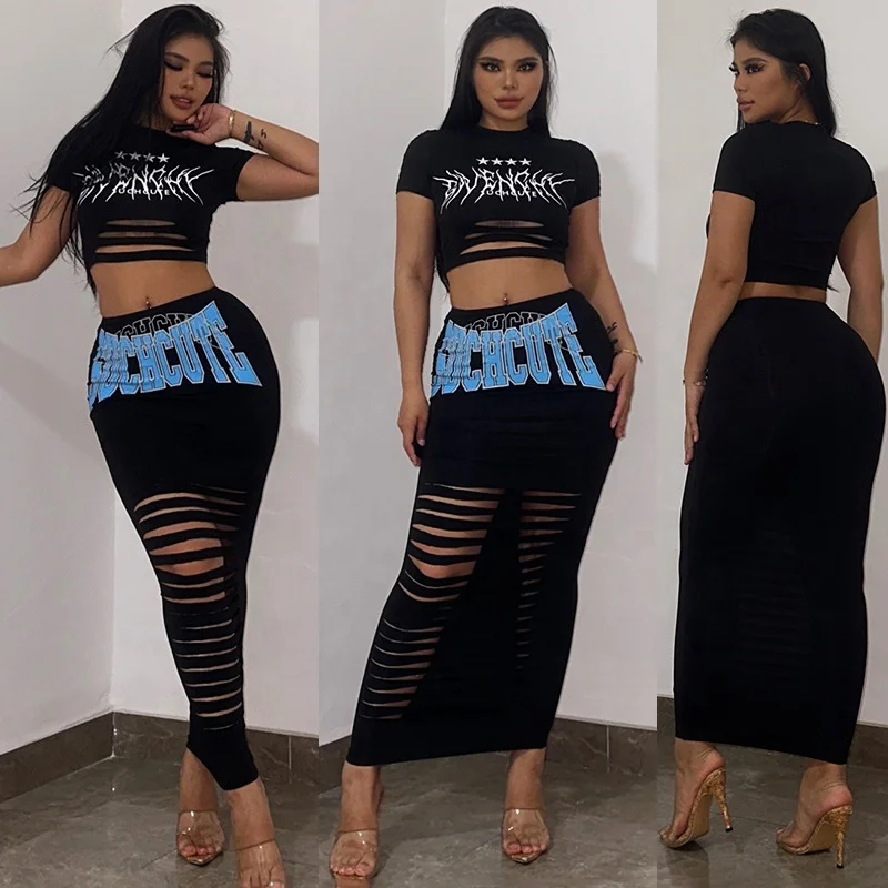S31627 New design 2023 fashion summer t shirt two piece set letter sexy outfits for women mini skirt crop top 2 piece set women