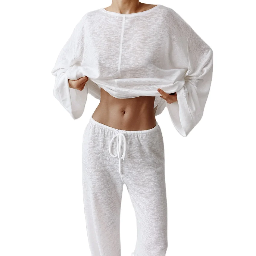 Casual fashion knitted round neck long sleeve trousers set pajamas soft skin friendly home wear
