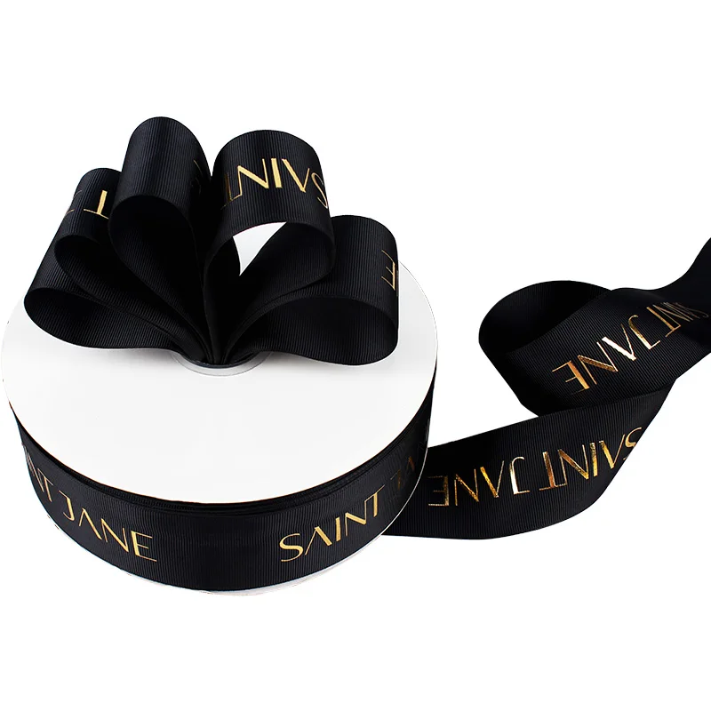 hot stamp gold foil metallic riased embossed printed grosgrain ribbon for box rose gift wrapping