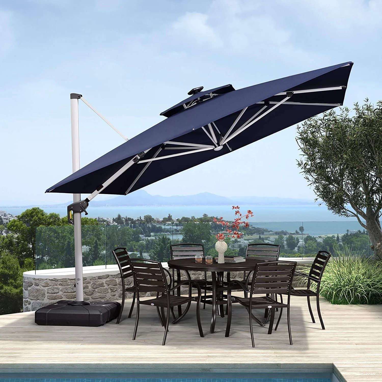 Outdoor LED Aluminum  Umbrella Garden Patio Umbrella  Square Cantilever Side Pole Umbrella for Beach