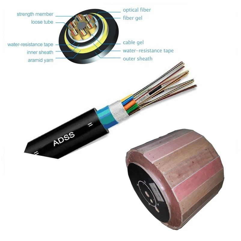 Поставщик ADSS single jacket MDPE sheath 12/24 core SM G652D FRP 1,9mm 100m span волоконно-оптический кабель