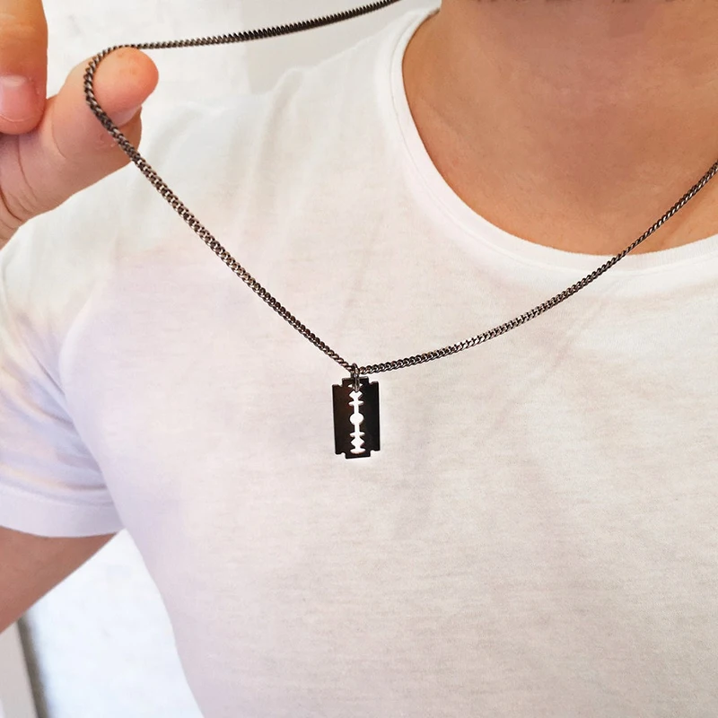 Stainless Steel Chain Black Plated Razor Blade  Charm Necklace For Men