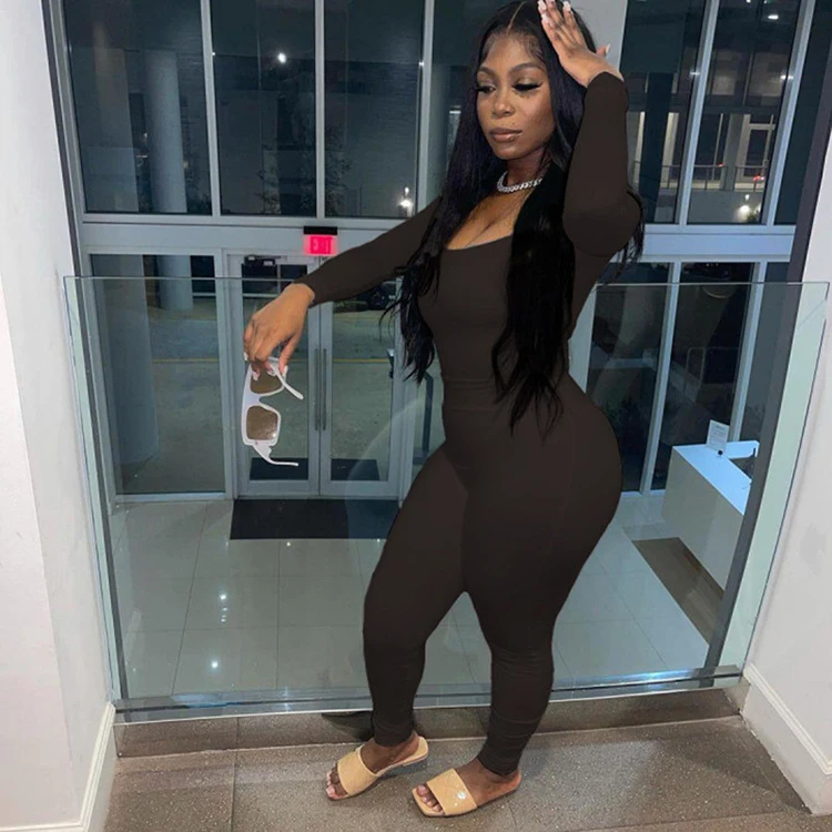 2021 Women Sexy Newest Autumn Slim Fit Jogger Solid Casual Square Neck Long Sleeve Womens Two Piece Pant Set