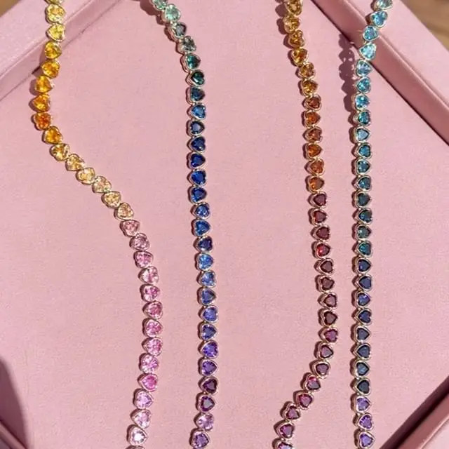 High Quality Colorful Heart Tennis Bracelet Necklace Micro Pave CZ 18K Gold Plated Fashion Wedding Party Jewelry Set
