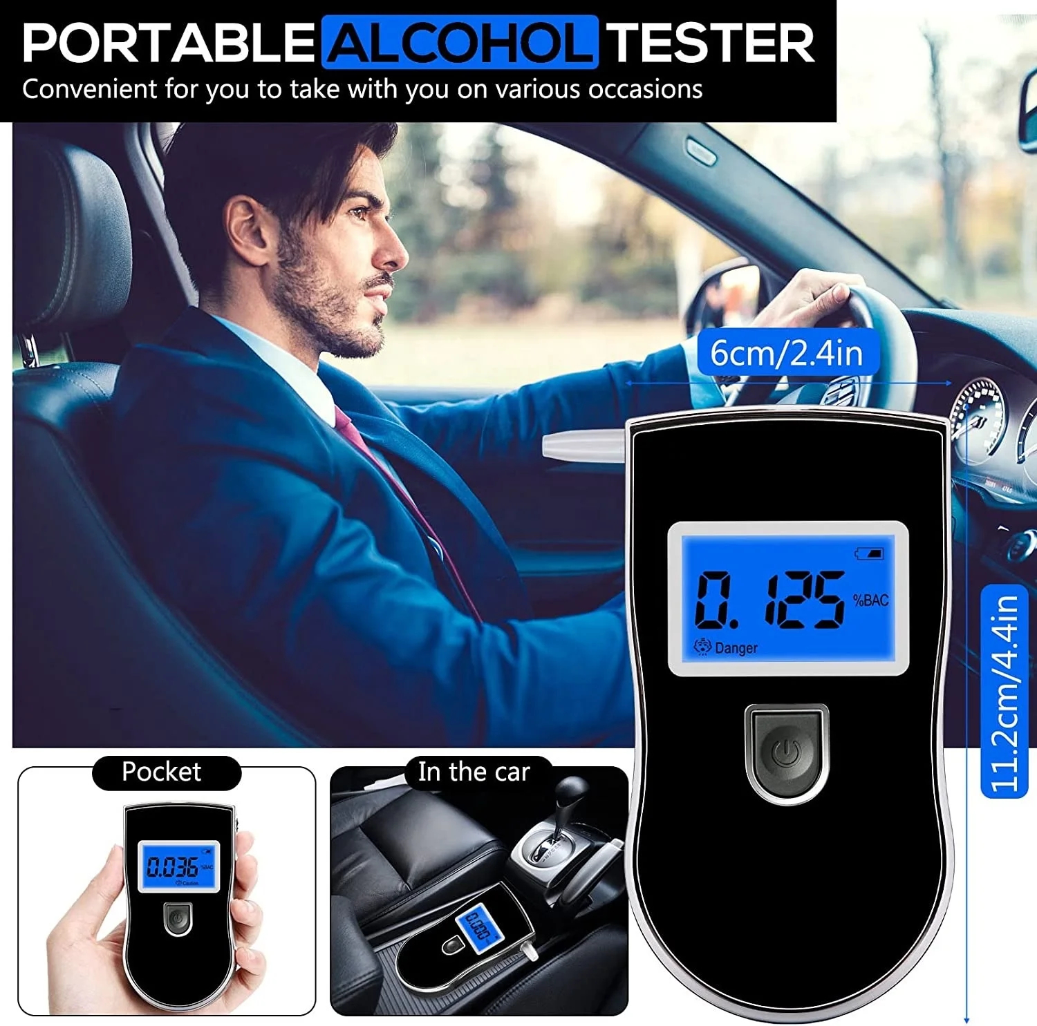 High Precision Alcohol Tester Portable LCD Breathalyzer 5 Nozzles Breath Tester with 3*AAA Batteries with Auto-off Power Remind