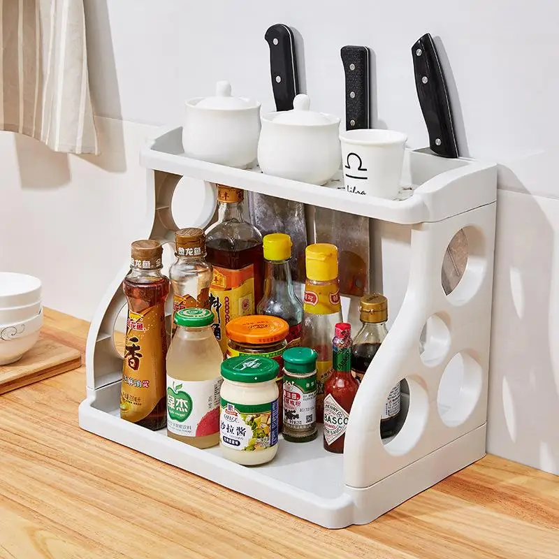 Kitchen Seasoning Seasoning Two-layer Storage Knife Rack Sundries Storage Storage Organizer Free Punch Plastic Polygon Spice