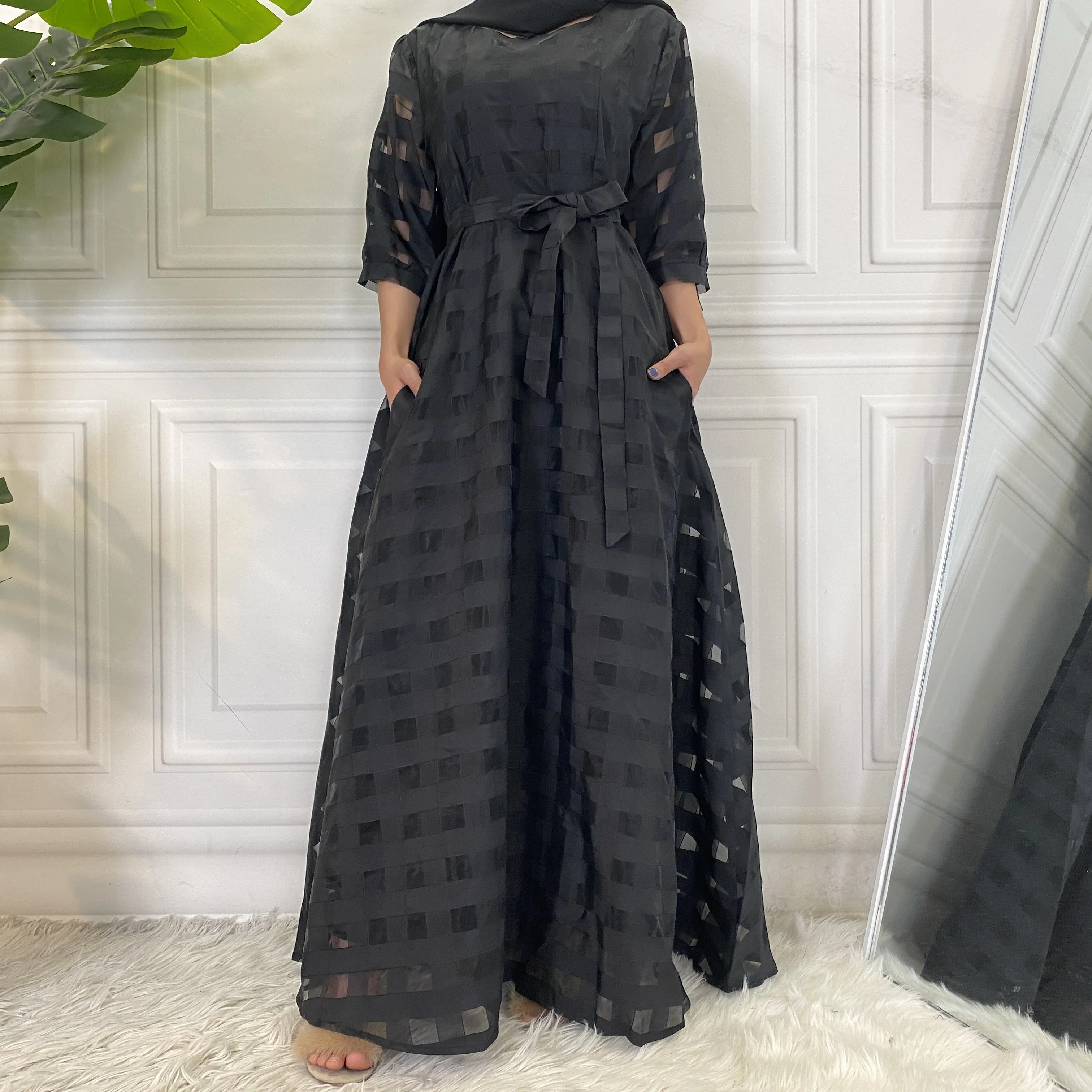 9065# Summer Black Organza Grid Style Short Sleeve Dress Modest Fashion Long Dresses for Fat Women 7XL
