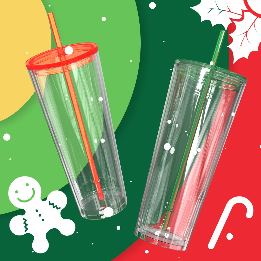 Custom doubled wall clear plastic acryl cup glass double wall tumbler snow globe cups pre drilled