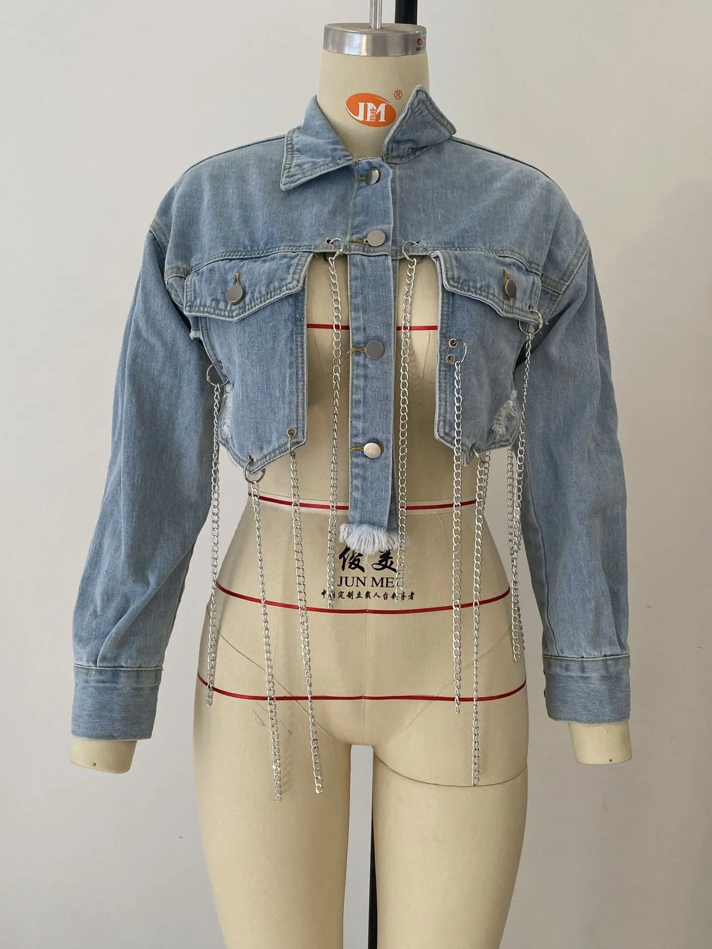 Autumn Casual Chain Decoration Outerwear New Fashion Frayed Sky Blue Single Breasted Cardigan Denim Coat Women Fall Jackets 2021