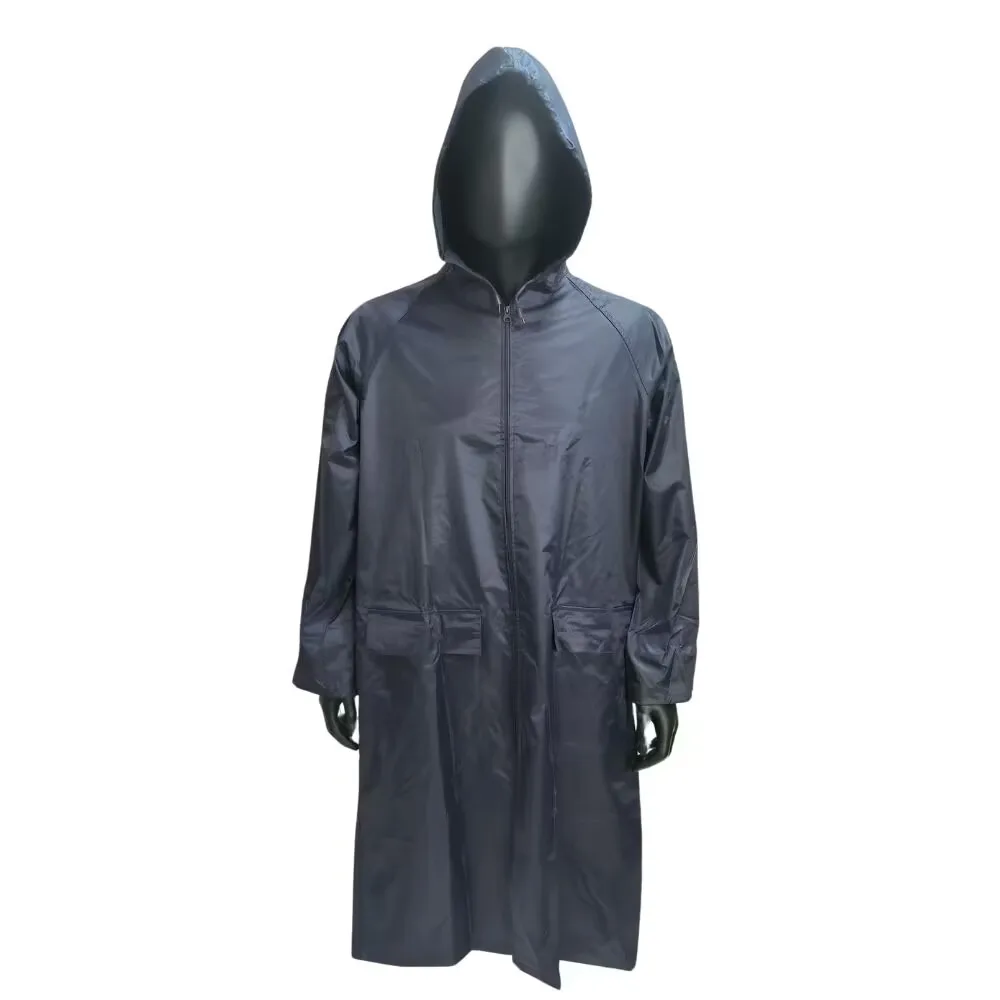 Hoodie Long Rain Coat Buttons Front Heavy Duty 0.18mm Thickness PVC Over Polyester Rain Jacket with Attached Hood