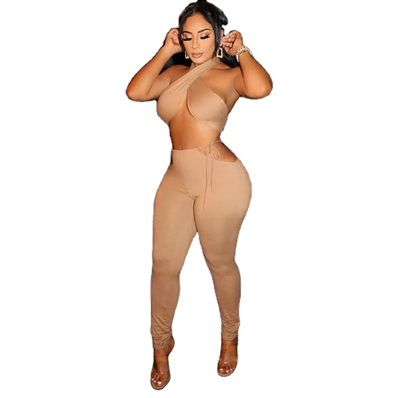 
Hot Selling Wholesale Fashionable Women Clothing Skinny Solid Color Sleeveless Tie Navel Black Culture Sexy Young Two Piece Set 