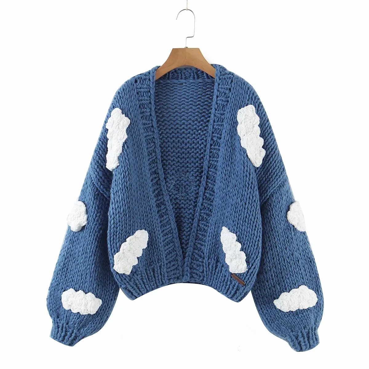 Hand Knit Oversized 3d Cloud Embroidery Casual Cardigan Acrylic Cotton Made Long Sleeve Floral Handmade Women Sweater Winter