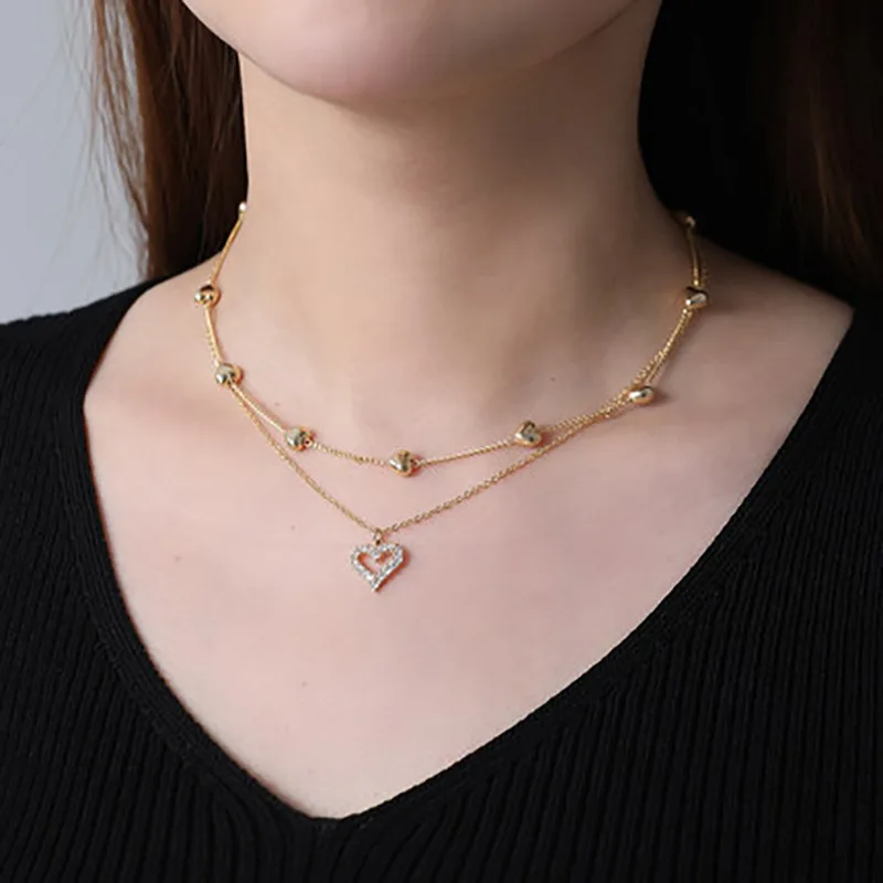fashion double layer crystal small love heart pendant necklace