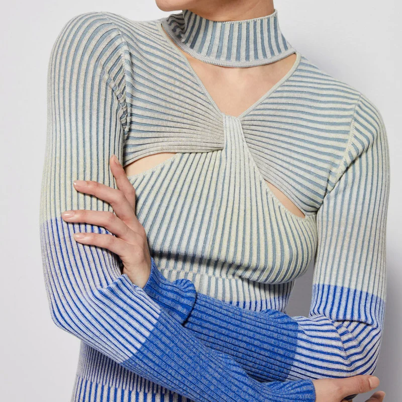 2022 Winter Custom LOGO Sexy High Collar Hollow Space Dyed Long Sleeves Knitted Long Dress Women Sweater