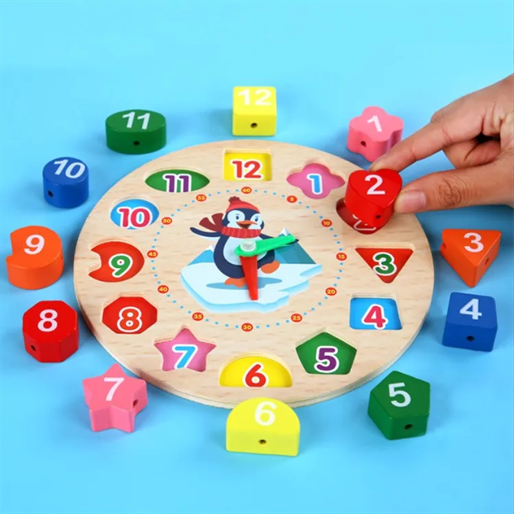 Geometry wooden teaching Clock Puzzles Gadgets Matching Clock Toy For Children Cartoon Animal Educational Wooden Beaded toy