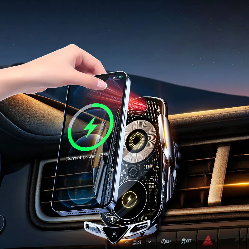 Fashion Punk Style Car Mount Smart Induction 15w Fast Wireless Charging Car Phone Charger Car Navigation Phone Holder