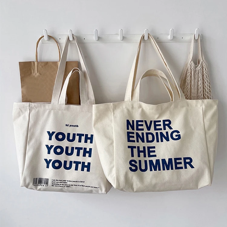High quality Reusable Blank Custom Print Logo Cotton Large Shopping White Canvas Tote Bag With Pocket And Zipper