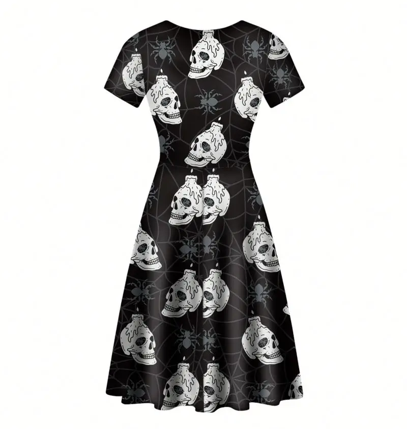 Black and White Witch Skull Print Halloween Dresses Women Lady Elegant Sexy Casual Evening V-neck Short Sleeve A-line Midi Dress