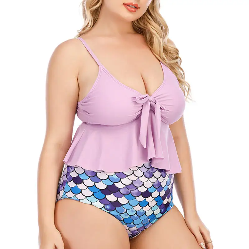 Women Plus Size Mermaid print sexy Two Piece Swimsuits High Waisted Tankini Set Ruffle Tummy Control Bathing Suit