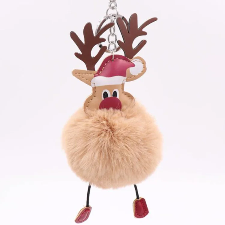 Wholesale Pu Christmas Fur Ball Keychain Elk Pendant Imitation Rabbit Plush Pom Pom Key Chain Cute Reindeer