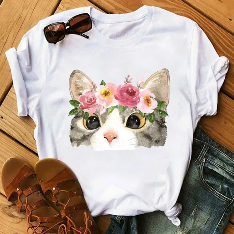 Cute Cartoon Cat Print T shirt Women Spring Summer Short Sleeve Round Neck T-shirt Woman Casual Slim Fit T shirts Women