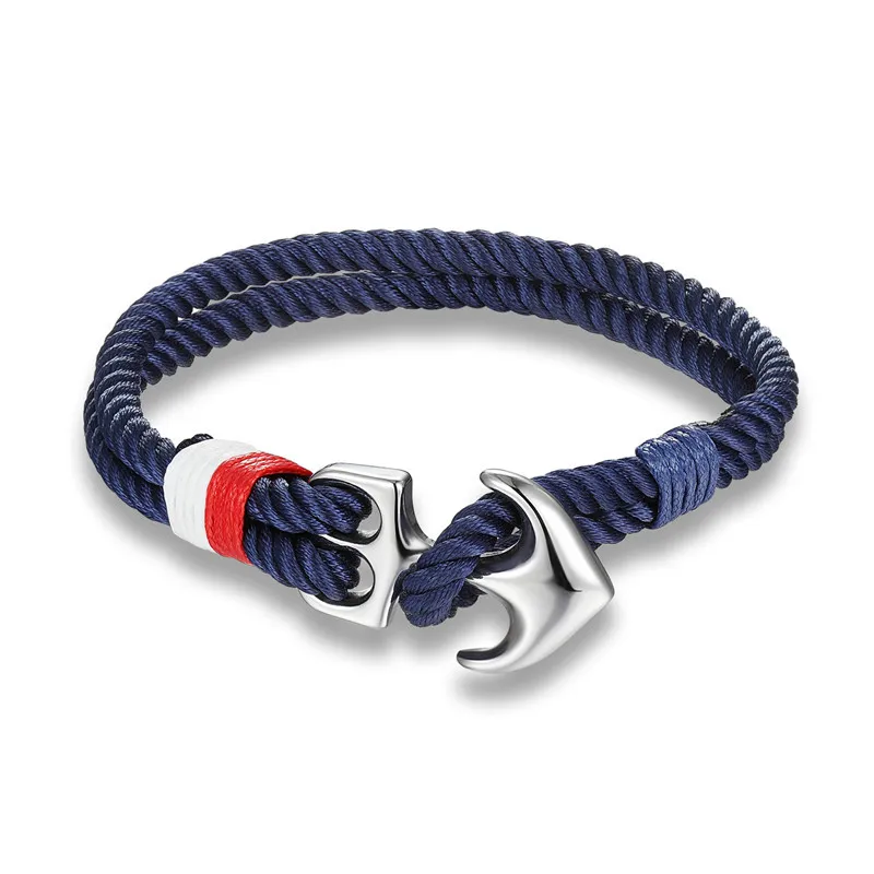 Custom Engraved Logo Navy Blue Rope Bracelets Stainless Steel Anchor Bracelet for Men Women