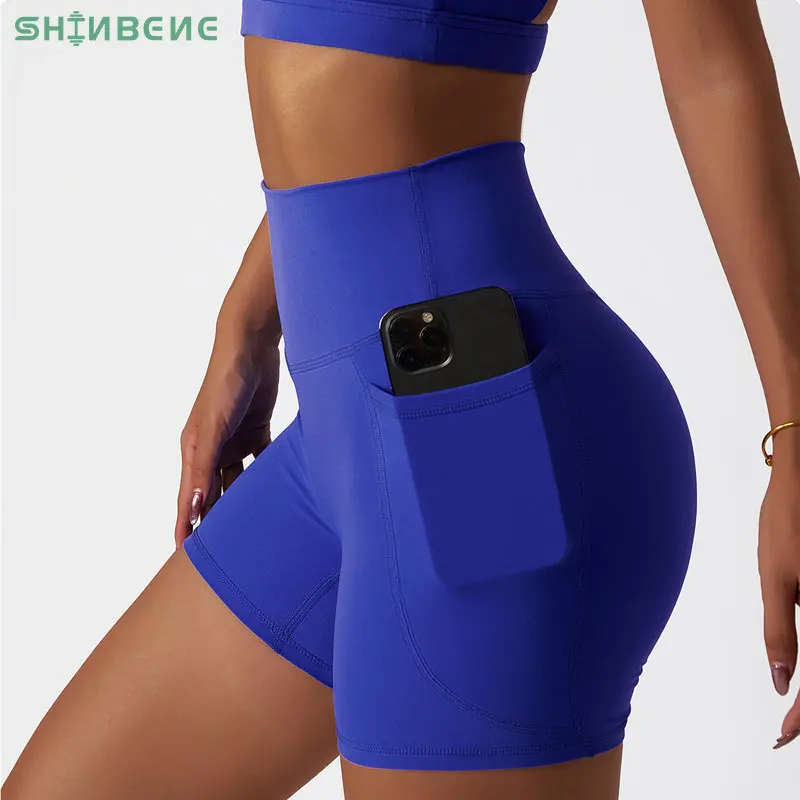 SHINBENE No Front Seam Nylon Yoga Sport Shorts High Waist Workout Booty Biker Shorts with Pocket