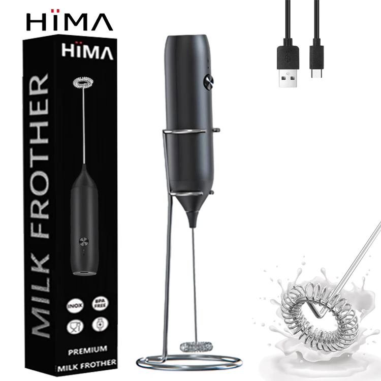 HIMA Custom Type C Milk Frother USB Rechargeable Electric Foam Maker Drink Mixer Handheld Electric Milk Frother With Stand