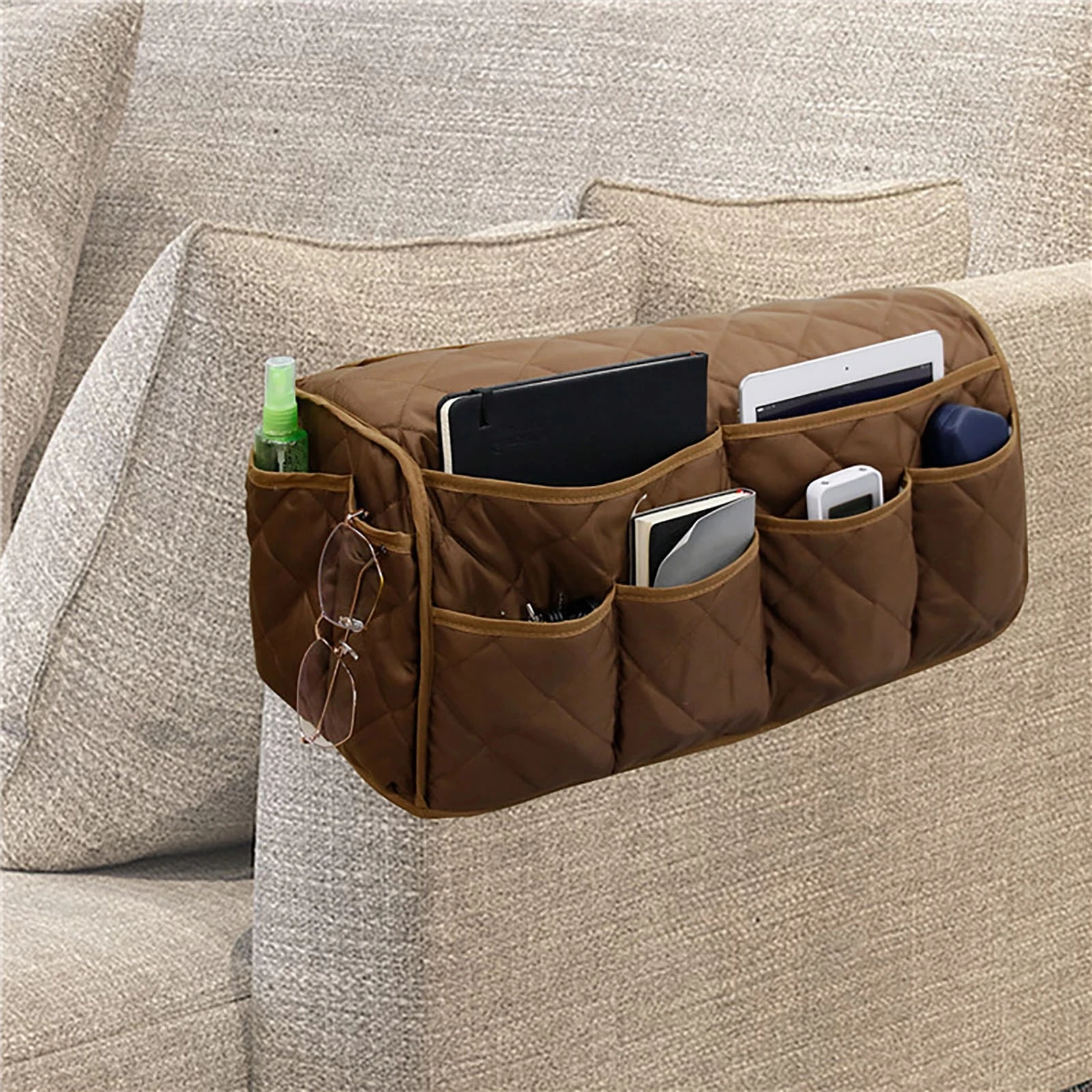 Armchair Caddy Slip Sofa Armrest Organizer with 14 Pockets Storage for Magazine Tablet Phone Chocolate Books TV Remote Control