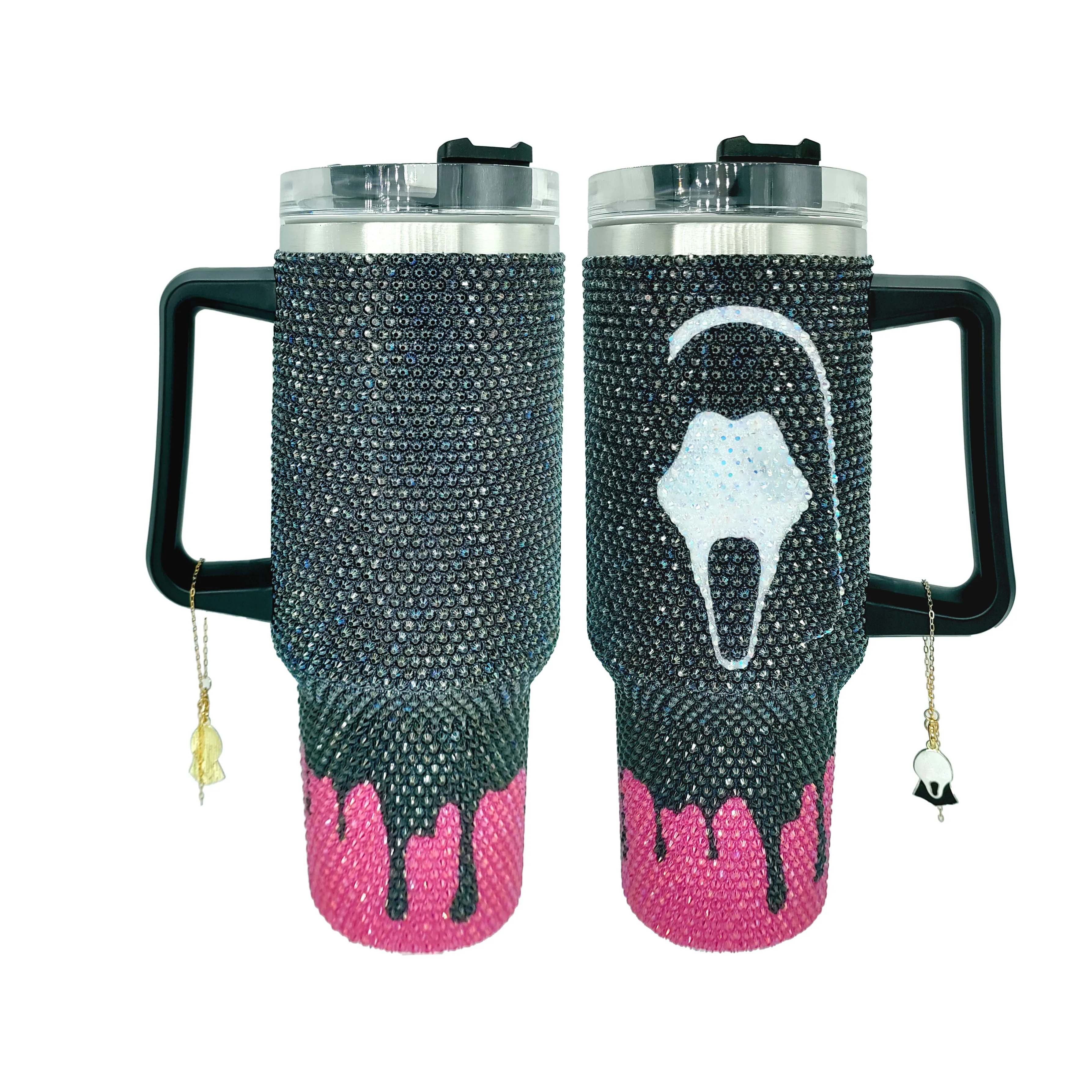 Custom Call Halloween Scream No You Hang up Face Killin It Rhinestone 40oz Vacuum Metal Flask Insulated Cup with Pendants Handle