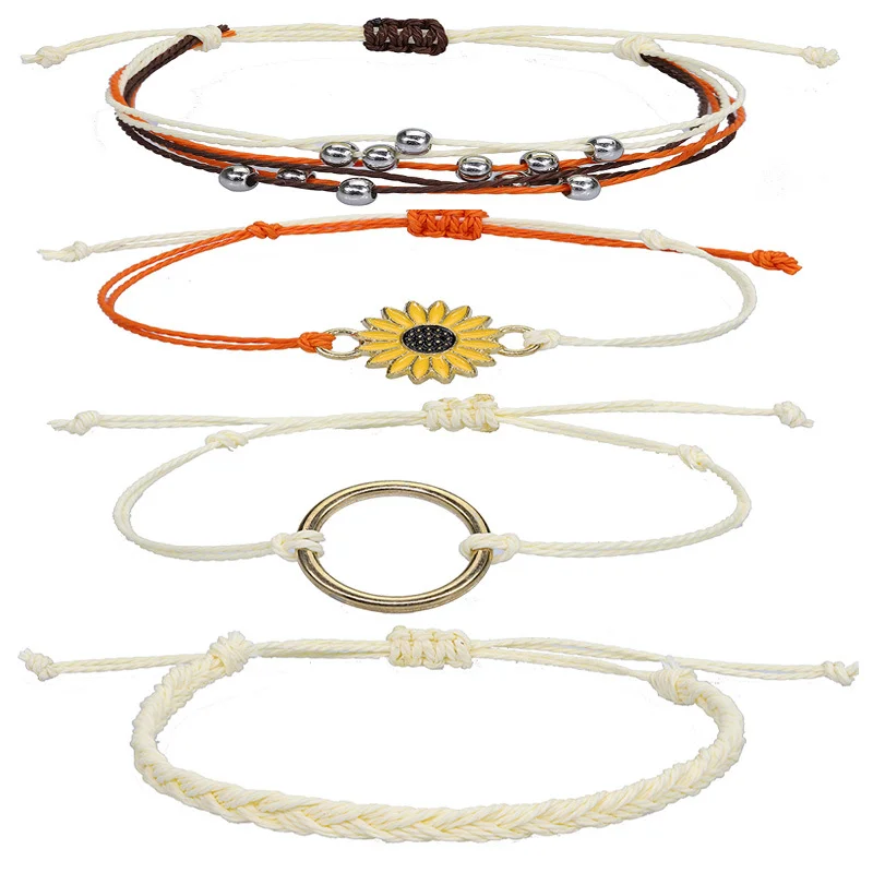 Seaside Surfing Bracelet Waterproof Waxed Wire Hand Knitted Sunflower Bracelet Teenage Friendship Bracelet Set of 4