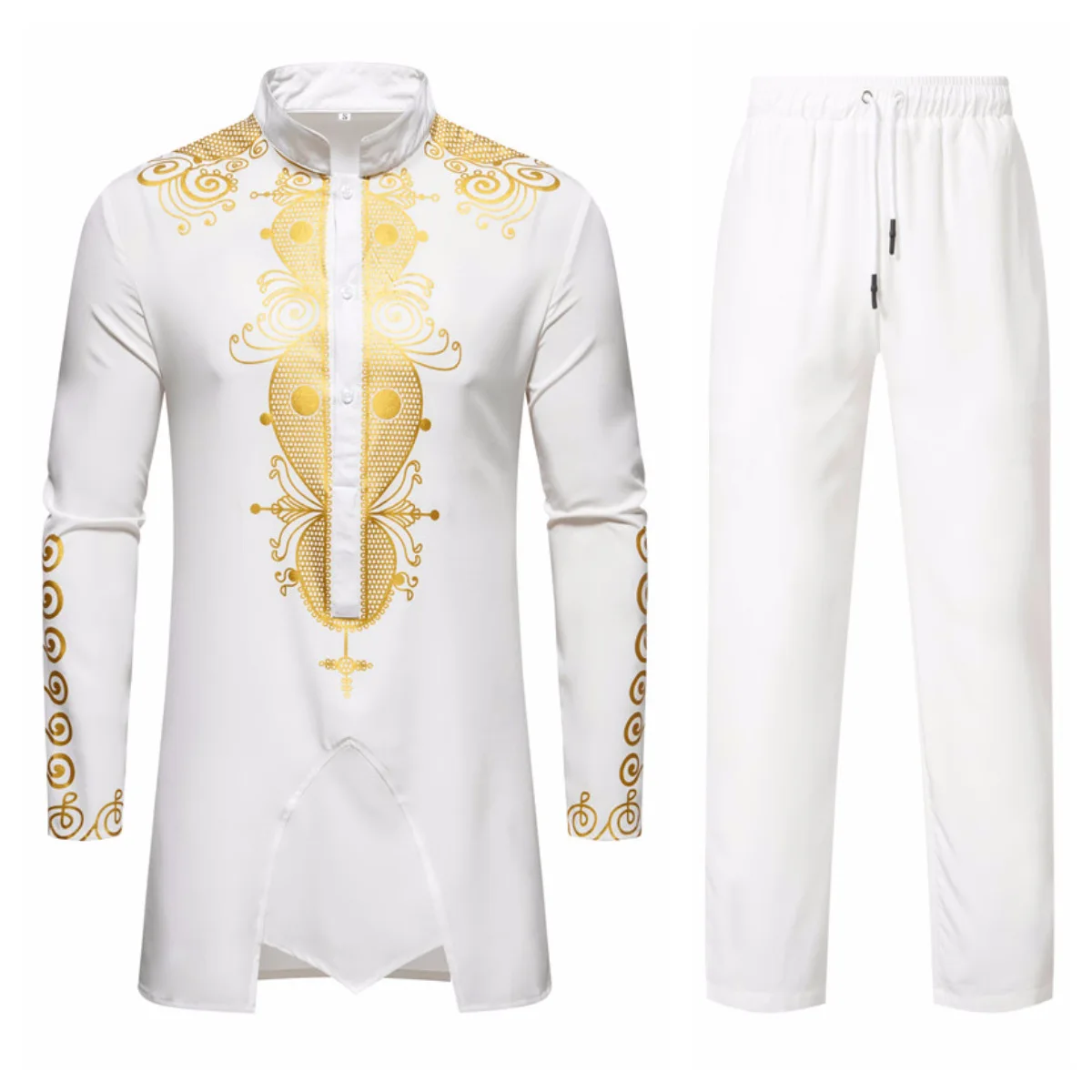 Autumn New European And American Muslim Casual Long Sleeved Shirt Pants 2 Piece Men Robe Set