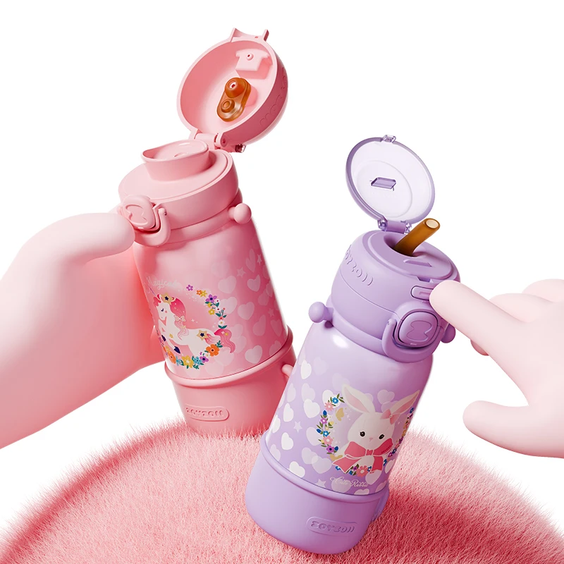 ZOYZOII Kids Cute Thermal Water Bottle Leak Proof 450 ml Stainless Steel Kids Drink Thermo Bottle For School
