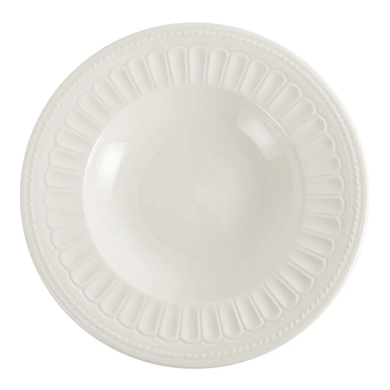 Factory price simple white plates sets turkish clay dinnerware set embossed fine bone ceramic tableware