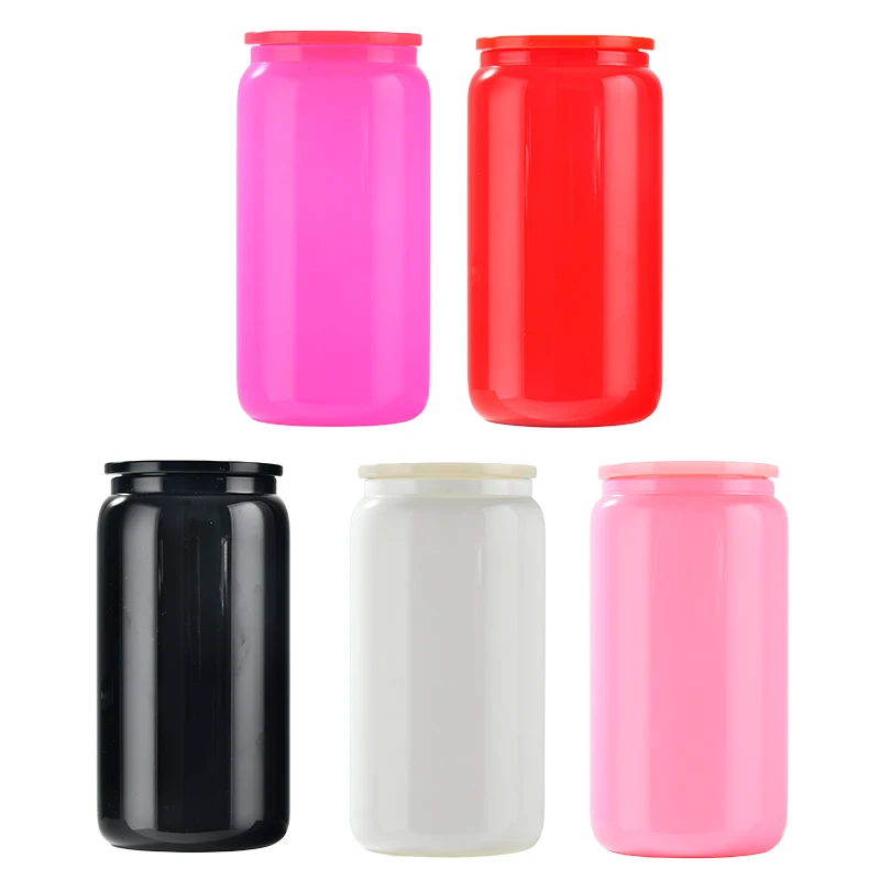 USA Warehouse 16oz Sublimation Clear Glass Mug  16 oz colorful Glass Beer Can With Bamboo Lid And Straws