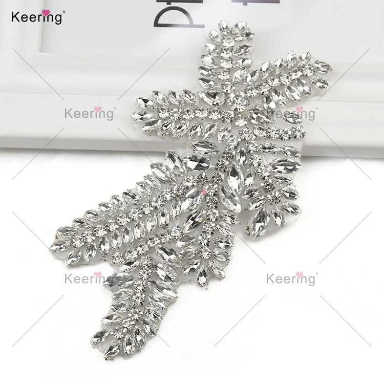 HOT WRA-1037 Keering A Class Crystal Cloth Bling Rhinestone Iron-On Neckline Hot Fix Applique For Dress