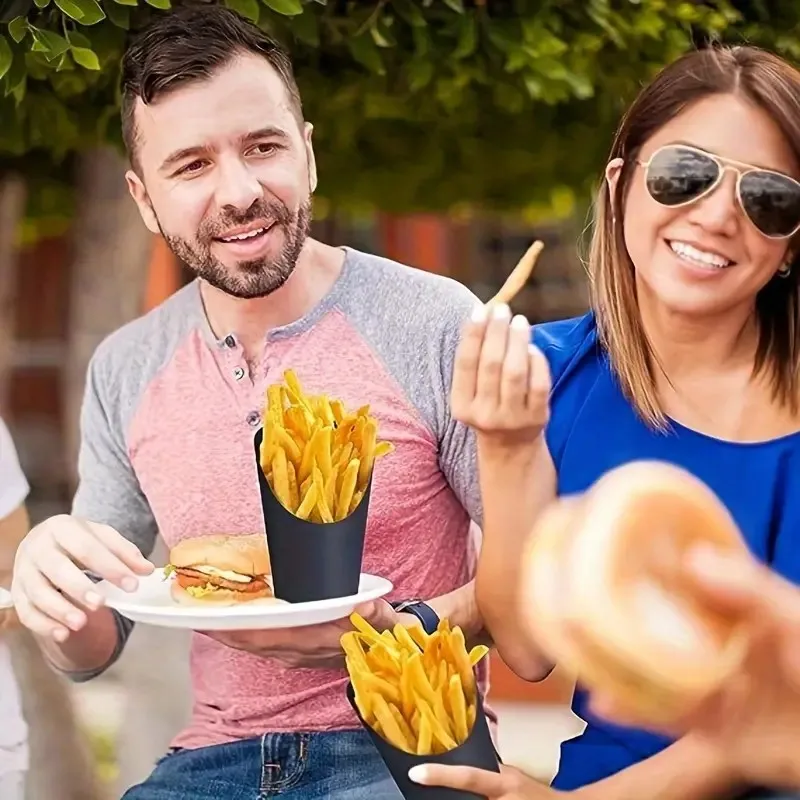 Disposable Black Color Food Cones Paper Popcorn Boxes French Fry Holder Take-out Party French Fry Cups