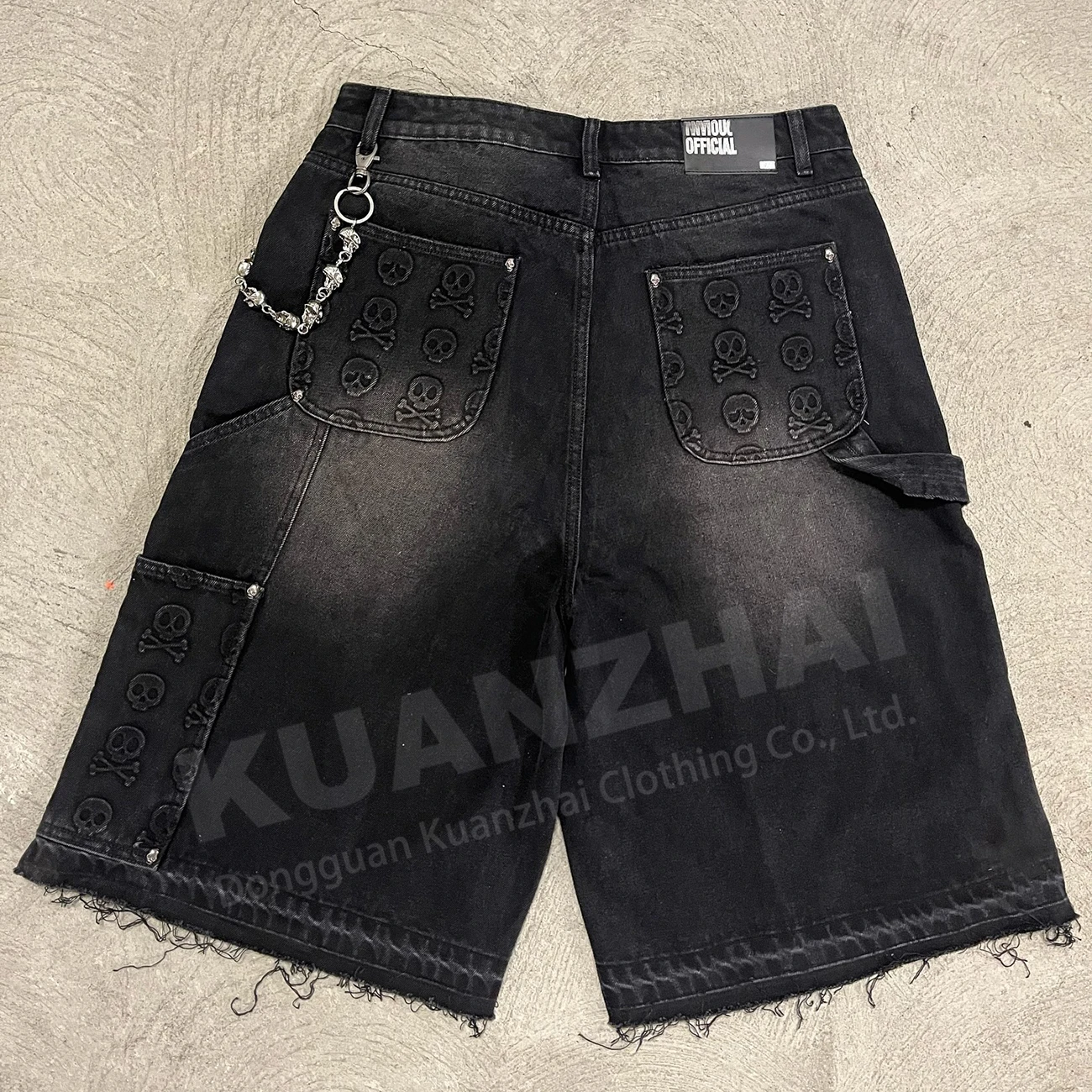 Custom acid wash vintage street wear distressed baggy embossed jorts cargo carpenter jeans denim shorts for men